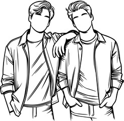 Black Line Art Happy Man Friendship Photo Pose Hand Drawn Illustration