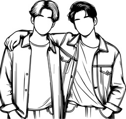 Black Line Art Happy Man Friendship Photo Pose Hand Drawn Illustration