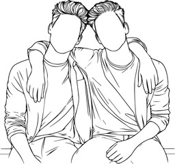 Black Line Art Happy Man Friendship Photo Pose Hand Drawn Illustration