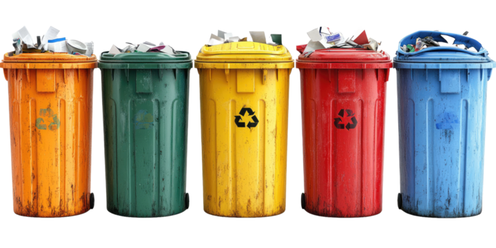 Set of full metal and plastic trash cans with garbage and paper waste isolated on white background