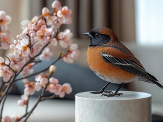 Naklejka premium rusty blackbird perched on a sleek, minimalist tabletop, its iridescent feathers contrasting with modern decor in the softly lit living room behind it