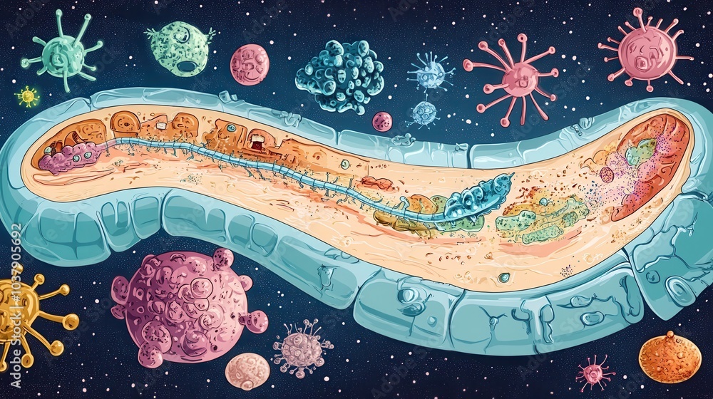 Poster a colorful drawing of a long, thin object with a blue stripe and pink