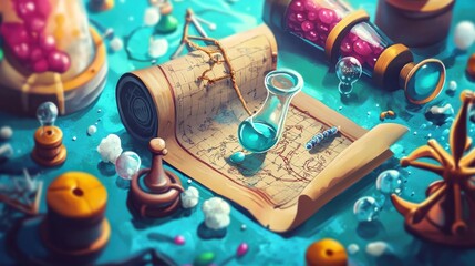 A blue and green background with a map and a vase of blue liquid on it