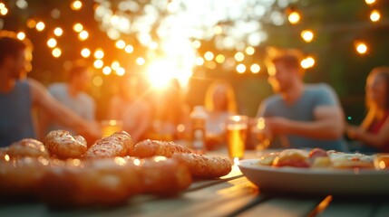 Blurred image Joyful Celebration with Friends Amidst a Beautiful Sunset