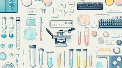 A colorful image of lab equipment and tools, including a microscope, a beaker
