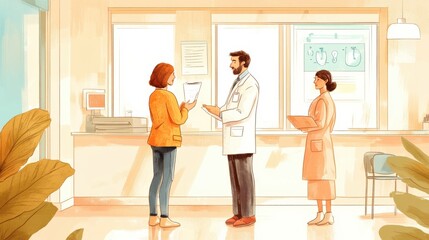Fototapeta premium A doctor is talking to a woman in a yellow jacket