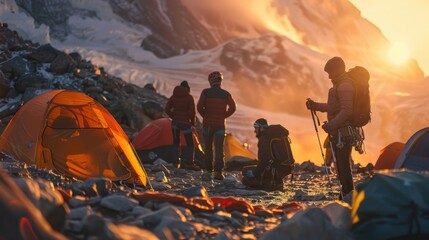 Climbers gear up for a challenging ascent at sunset near their campsite in the mountains