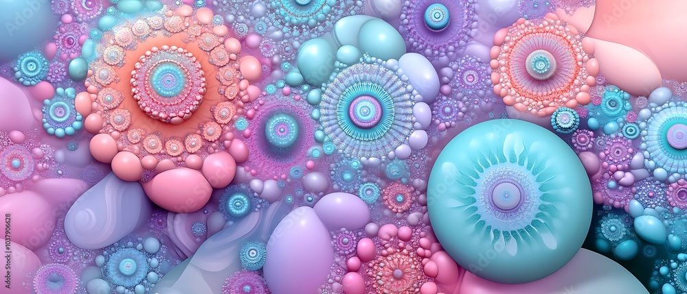Poster exploring the intricate beauty of abstract fractal patterns in soft pastel hues and fluid shapes for
