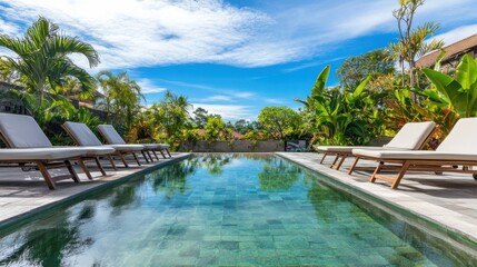 A serene outdoor swimming pool with clear water and neatly arranged lounge chairs, surrounded by tropical plants and a bright blue sky, early morning light creating a tranquil atmosphere