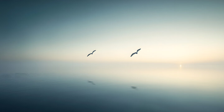 P&aacute;ssaros voando sobre um lago calmo ao amanhecer