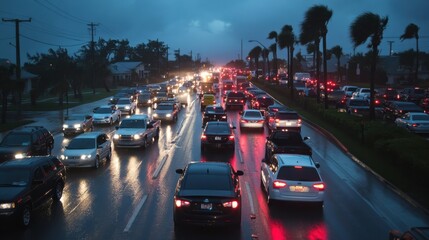 Residents evacuate a coastal town in Florida amidst heavy traffic as a hurricane approaches, creating a sense of urgency under dark skies
