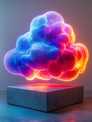 A vibrant, neon-colored cloud with electric textures hovers over a minimalist platform, creating a futuristic and surreal atmosphere.