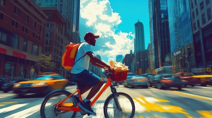 Fototapeta premium Courier navigating busy Chicago streets on a hot summer day, delivering food while sweating under the vibrant skyline