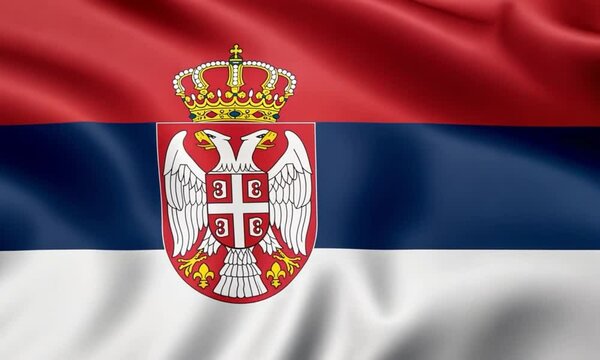 The Serbian flag with the coat of arms on a waving fabric background, representing national symbolism and the country's sovereignty