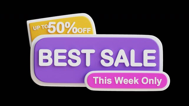 3D Video Animation Purple rectangle with white letters Best Sale, yellow square Up To 50% Off, pink rectangle This Week Only. Perfect for advertisement designs. Discount offer promotion graphic.