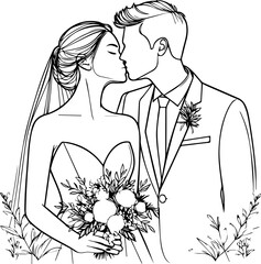 Black Line Art Romance Kissing Pose Wedding Couple Celebrate Hand Drawn Illustration