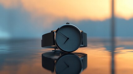 A minimalist silver wristwatch with a brown leather strap lies on a reflective surface with a warm orange and blue sky in the background.