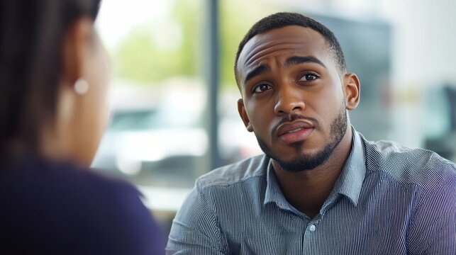 Car salesman discussing payment options with a client at a dealership while seated at a table with a contract