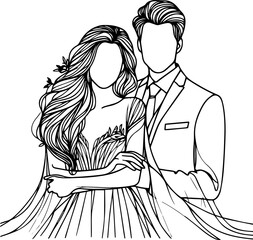 Black Line Art Romance Wedding Couple Celebrate Hand Drawn Illustration