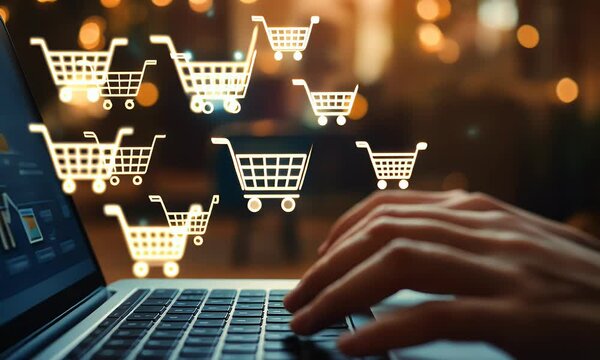 
A person using their laptop to shop online, with icons of shopping carts and products floating above the screen,