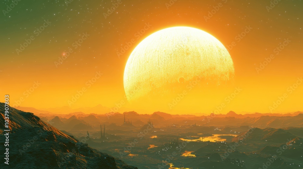 Poster a stunning sunset on a distant planet with a glowing atmosphere illuminating the landscape and creat