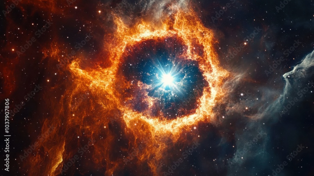 Poster a new star is forming within a vibrant nebula filled with swirling gas and luminous dust in a distan