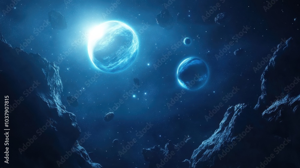 Poster discovering a vibrant planetary system with glowing planets orbiting a massive blue star in the dept