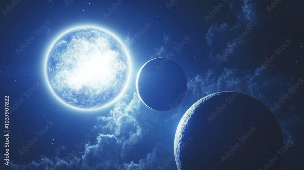 Poster a newly discovered planetary system with glowing planets orbiting a massive blue star in deep space