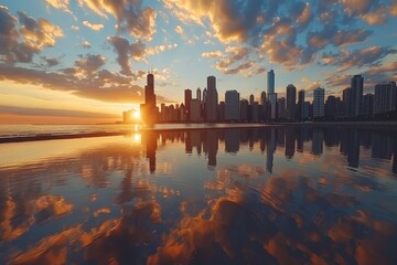 Fototapeta premium A stunning view at sunset, with colorful clouds in the sky and buildings illuminated by the fading light, Big city skyline reflected in water during sunset