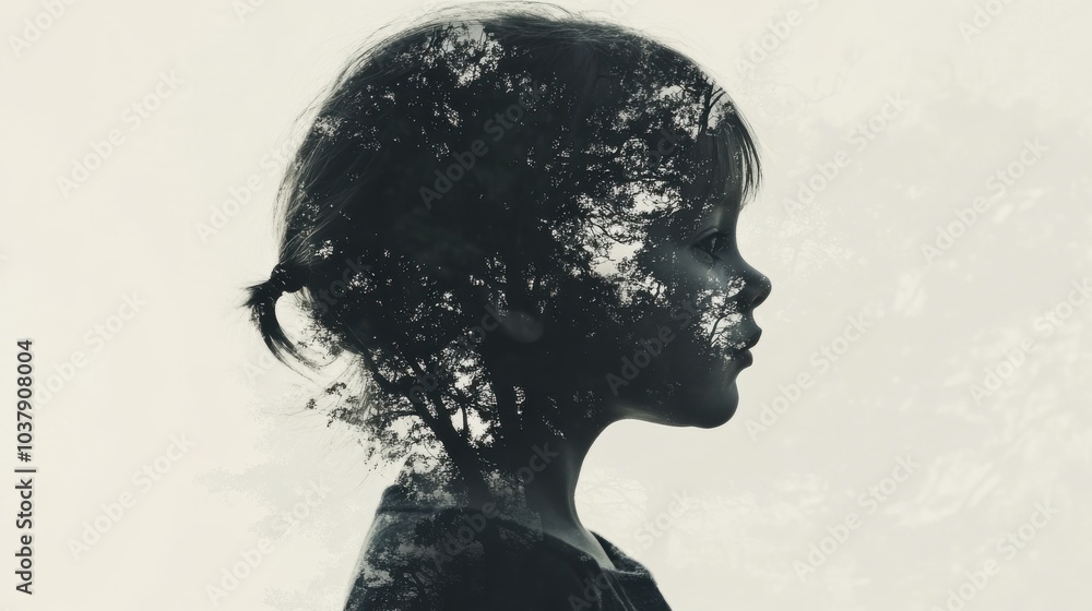 Poster A child's silhouette merging with shadows and mysterious shapes, revealing hidden powers in a surreal double exposure