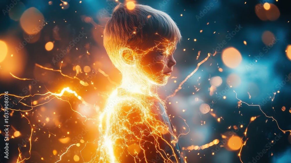 Poster a child generates electricity in a breathtaking double exposure, surrounded by sparks and glowing en