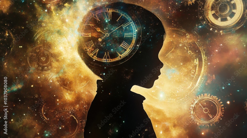 Poster a child's silhouette filled with clock gears and galaxies, representing the mystical ability to mani