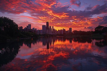 Fototapeta premium A stunning view at sunset, with colorful clouds in the sky and buildings illuminated by the fading light, Big city skyline reflected in water during sunset