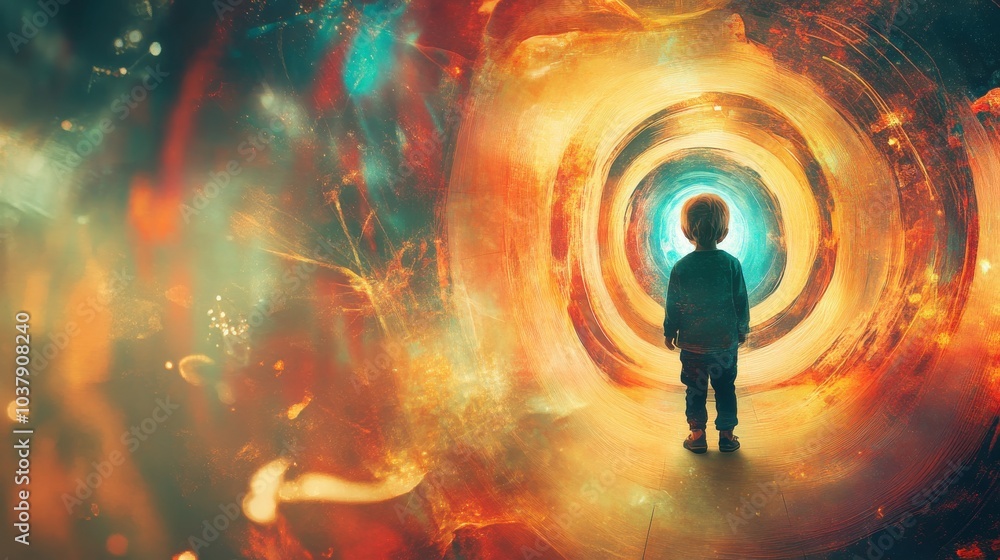 Poster a child discovers swirling doorways of color, exploring fantastical realms through portals at twilig