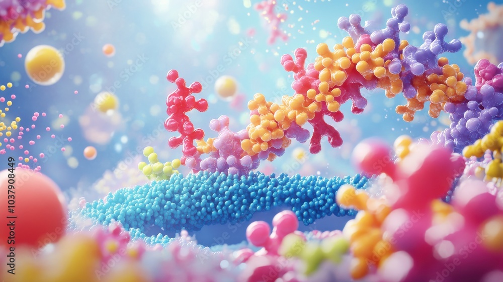 Poster colorful cartoon depiction of a protein interacting with an enzyme in a vibrant laboratory setting