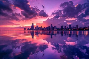 Fototapeta premium A stunning view at sunset, with colorful clouds in the sky and buildings illuminated by the fading light, Big city skyline reflected in water during sunset