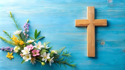 wooden cross with spring flowers on blue background