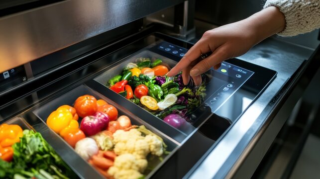 User customizing a colorful dish on a food printer's touchscreen with fresh ingredients in a modern kitchen setting
