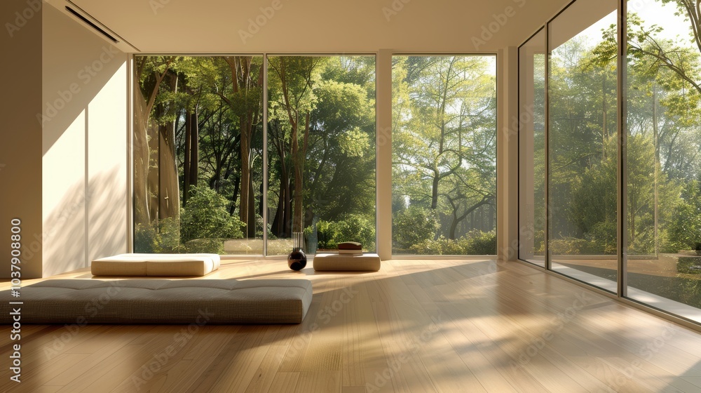Poster A large open room with a wooden floor and a large window. The room is empty and has a minimalist design