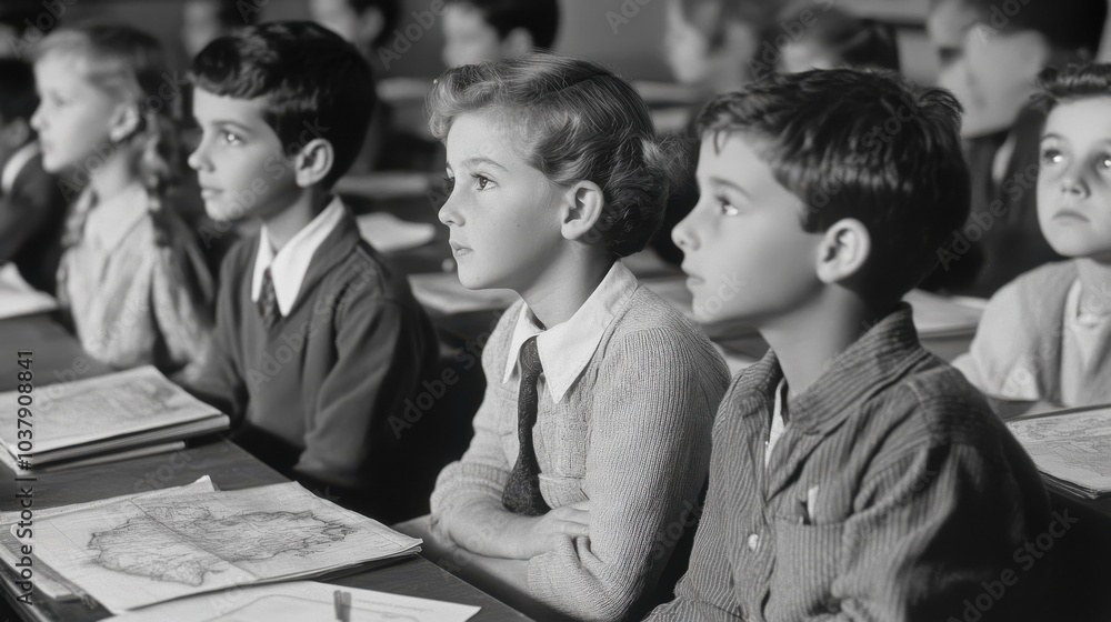 Poster school children engaged in a columbus day history lesson with books and maps on desks in a classroom