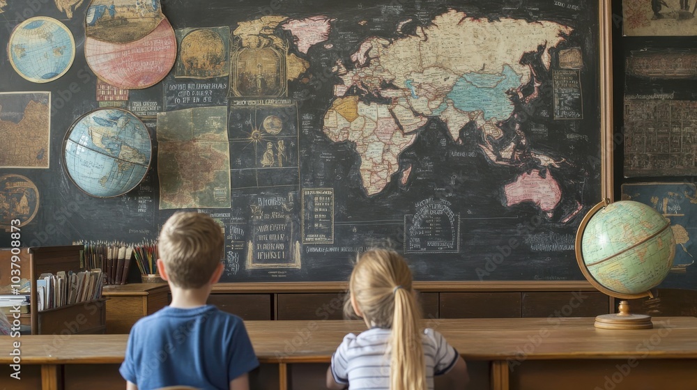Poster school children learn about columbus day in a classroom with maps and globes, fostering an education