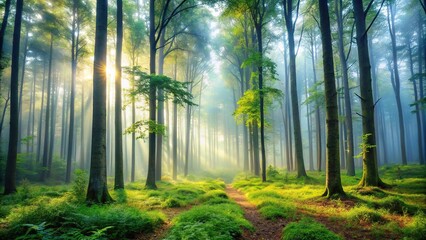 Obraz premium Misty morning in the forest with fog creating a surreal forced perspective