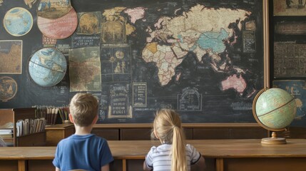 School children learn about Columbus Day in a classroom with maps and globes, fostering an educational atmosphere and exploration of history