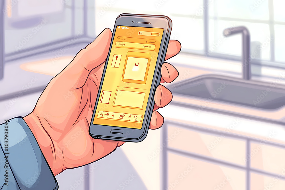 Poster a hand holding a smartphone displaying a yellow-themed interface with various options.