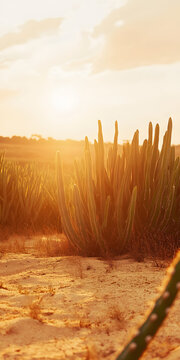 Cena do deserto com cactos imponentes e p&ocirc;r do sol dram&aacute;tico.