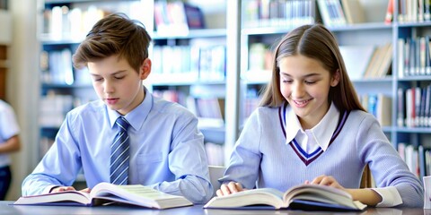 Teenagers wearing uniform studying in library with copy space