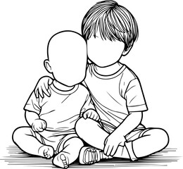 Black Line Art Cutie Baby Friendship Brotherhood Sitting Pose Hand Drawn Illustration