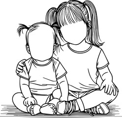 Black Line Art Cutie Baby Friendship Brotherhood Sitting Pose Hand Drawn Illustration