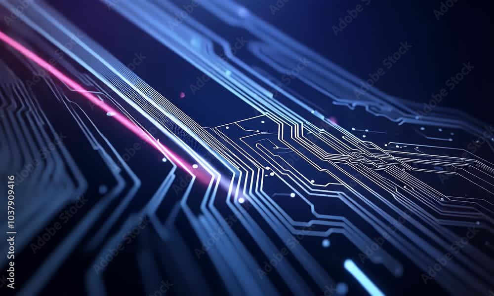 Poster blue technology background with circuit board lines and glowing dots on dark blue background vector 