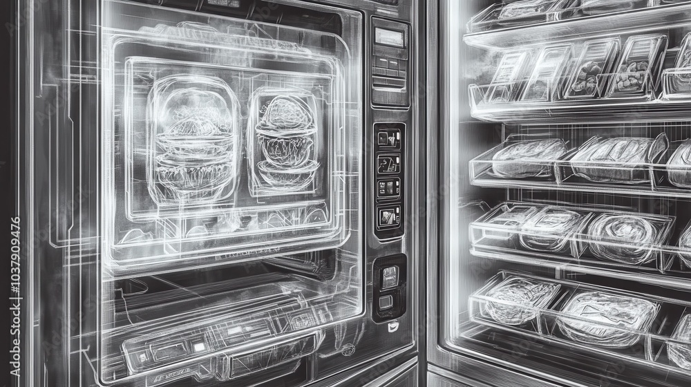 Poster close-up of a futuristic vending machine showcasing holographic food displays in a modern setting